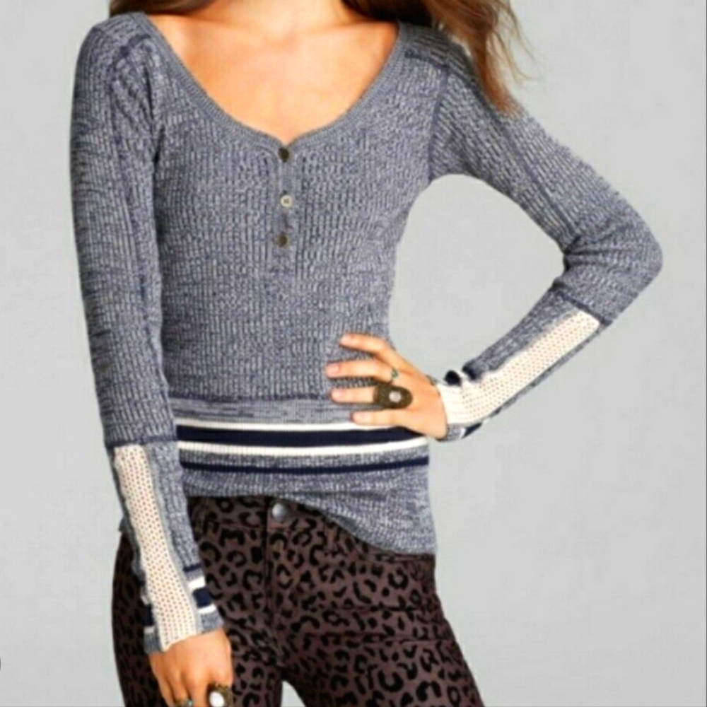 We the Free Long Sleeve Crochet Henley Blue White